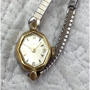 Vintage Timex Womens Octagonal Gold-Tone Watch*Stretch Band*Needs Battery